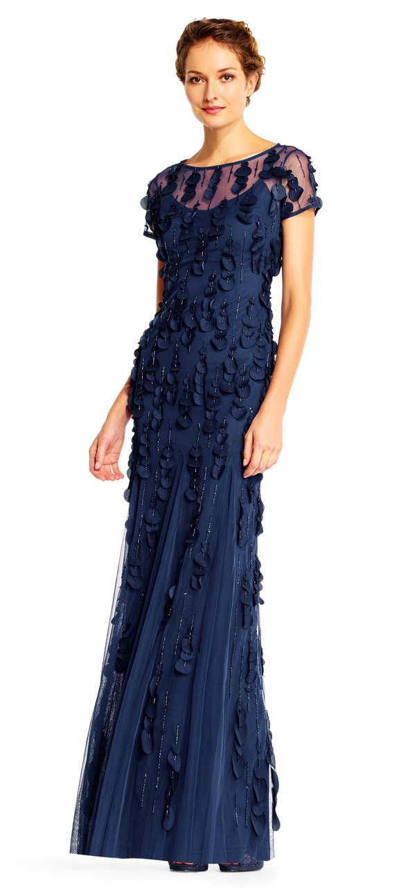 Adrianna Papell - Short Sleeve Petal Applique Long Dress AP1E200980SC