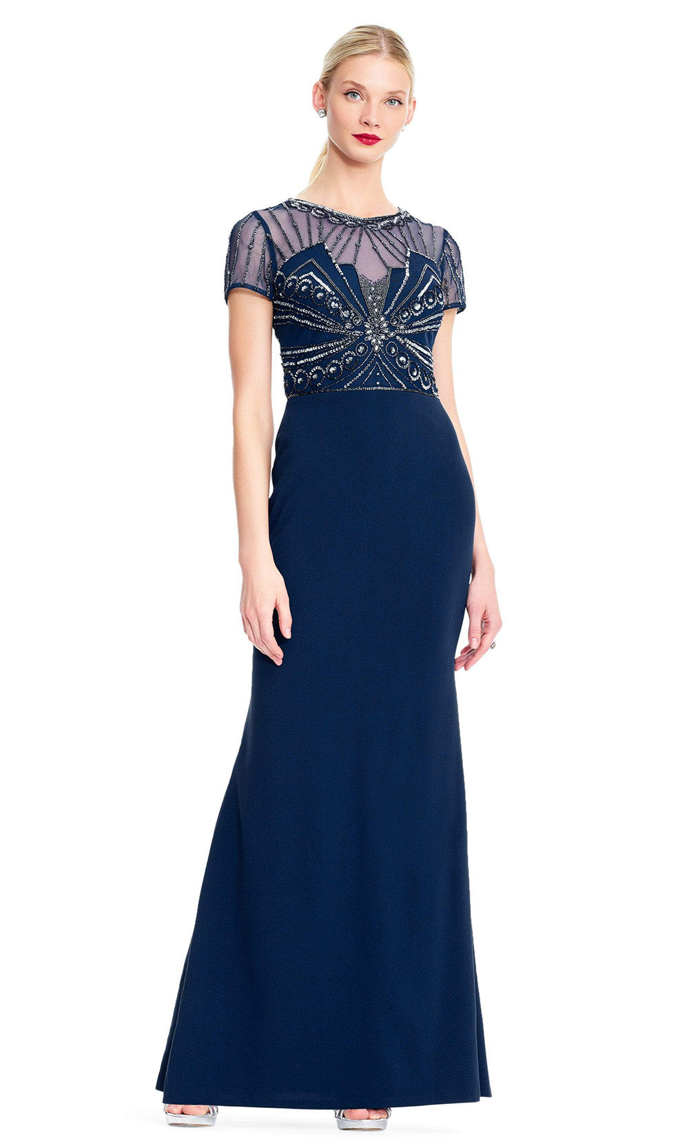 Adrianna Papell - Sheer Short Sleeves Beaded Sequin Long Gown AP1E203646SC
