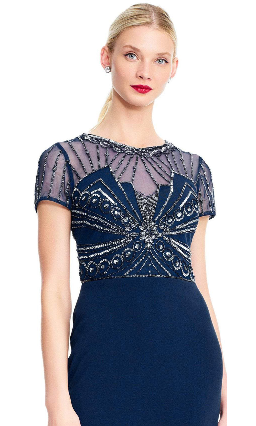 Adrianna Papell - Sheer Short Sleeves Beaded Sequin Long Gown AP1E203646SC