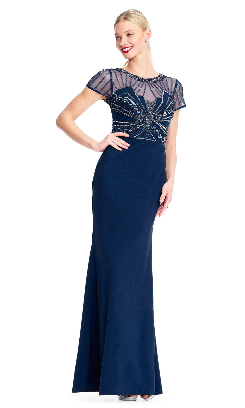 Adrianna Papell - Sheer Short Sleeves Beaded Sequin Long Gown AP1E203646SC