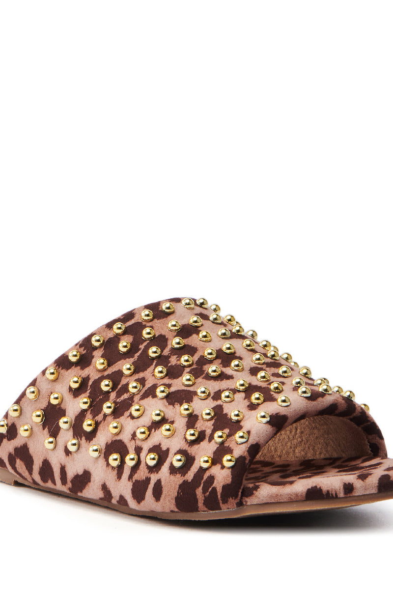 AKIRA BAGGER STUDDED SLIP ON SANDAL IN LEOPARD