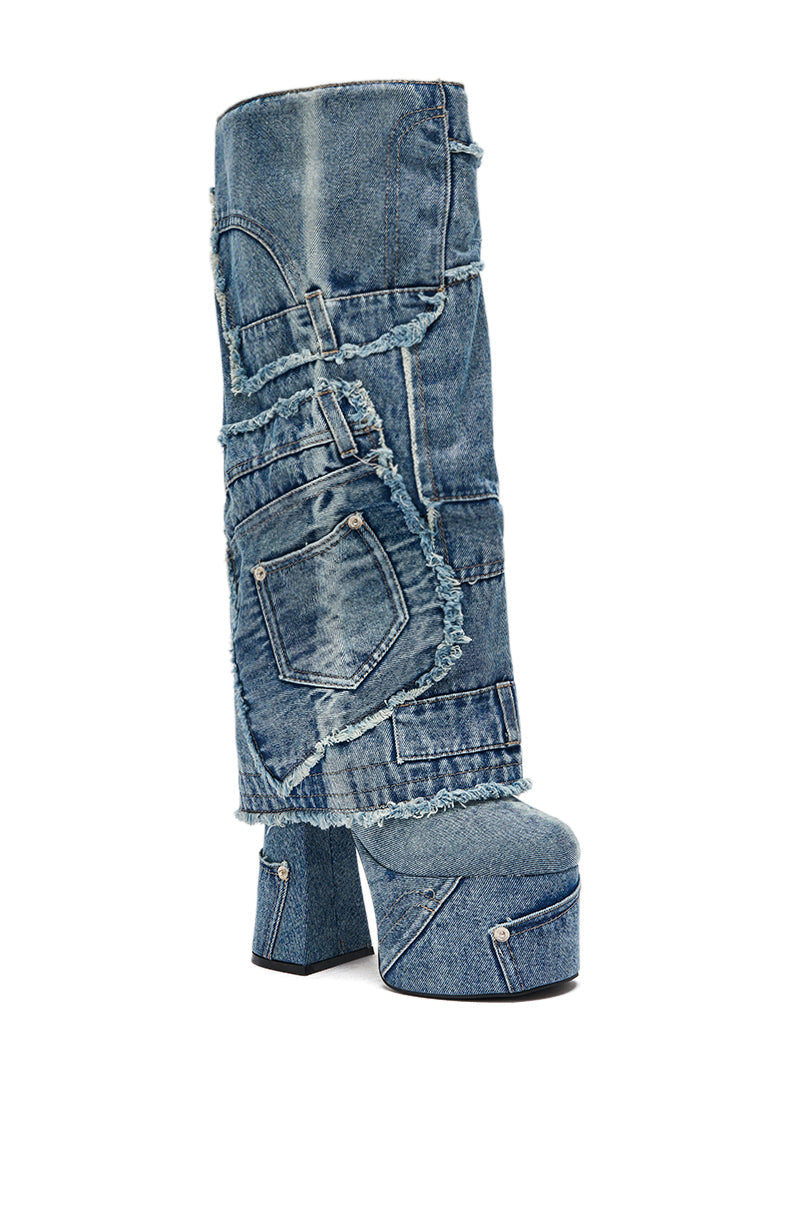 AZALEA WANG DUMI DENIM CHUNKY PATCHWORK BOOT