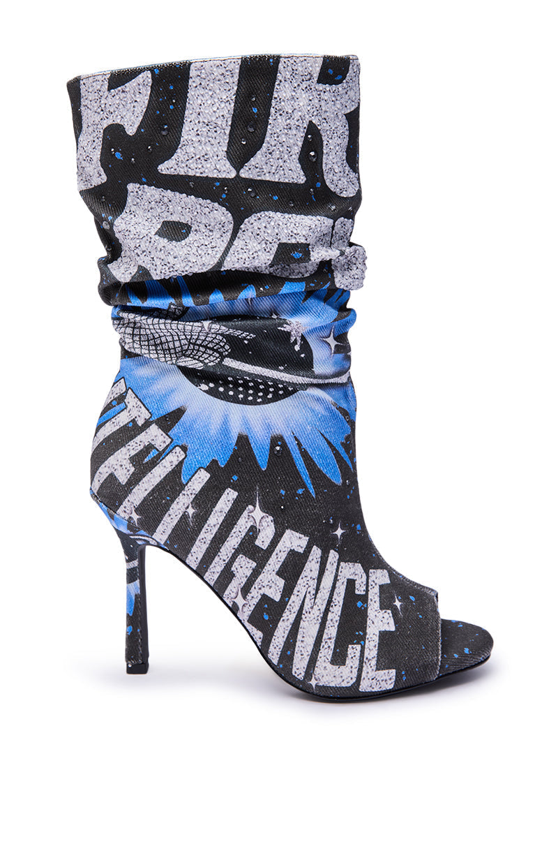 AKIRA GOLD FORMIDABLE BLACK MULTI ABSTRACT OPEN TOE BOOTIE