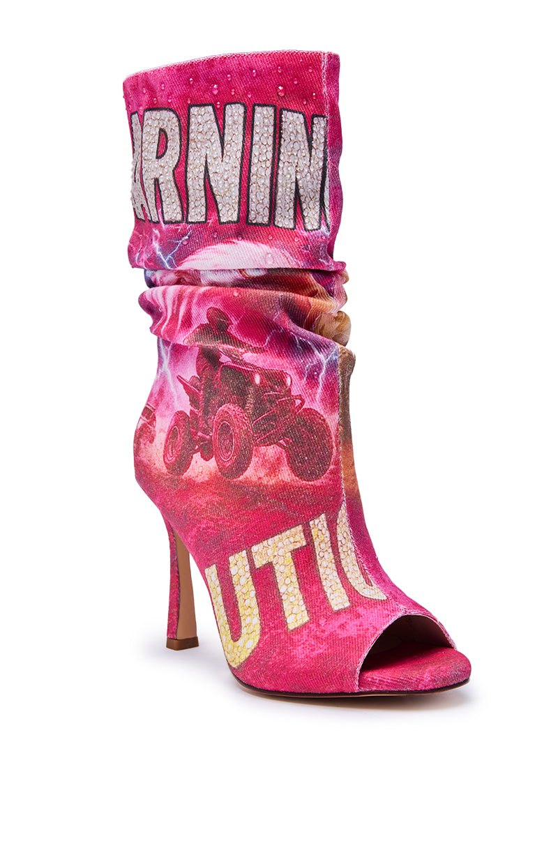 AKIRA GOLD FORMIDABLE PINK MULTI ABSTRACT OPEN TOE BOOTIE