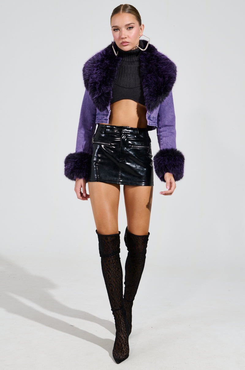 GISELE CROPPED FUR TRIM DENIM JACKET IN PURPLE
