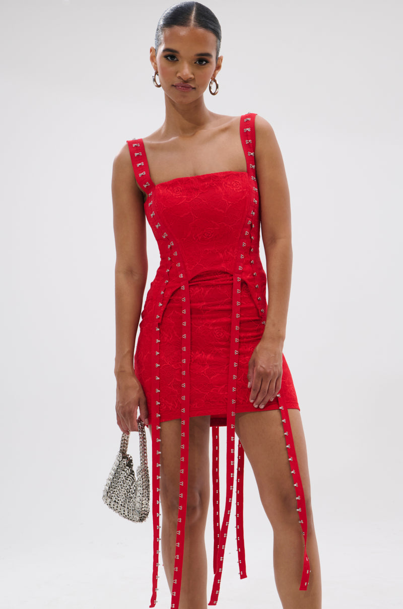 I KNOW YOU MISS ME CORSETED LACE MINI DRESS IN RED