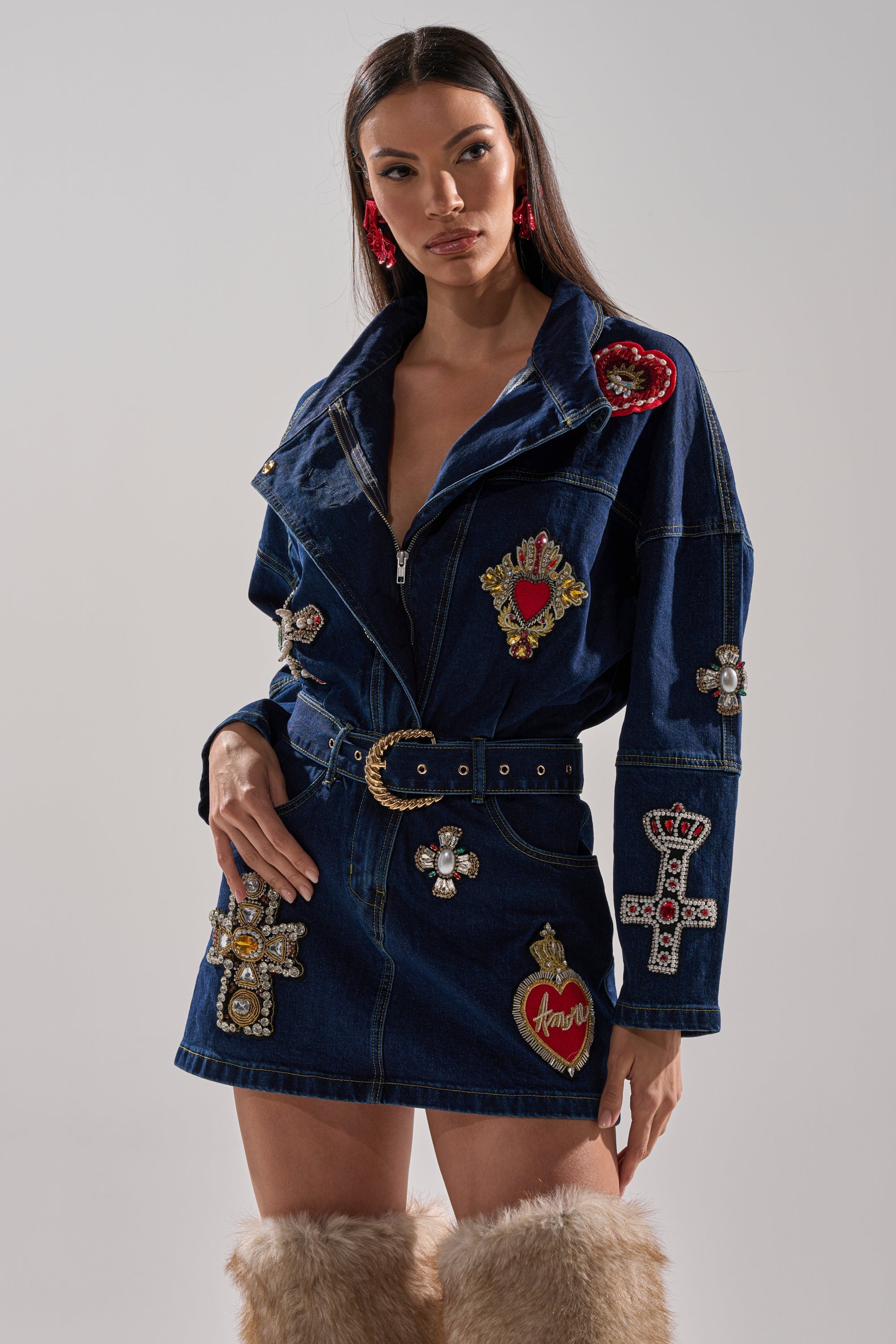 PRETTIEST PROBLEM DENIM PATCHWORK MINI DRESS