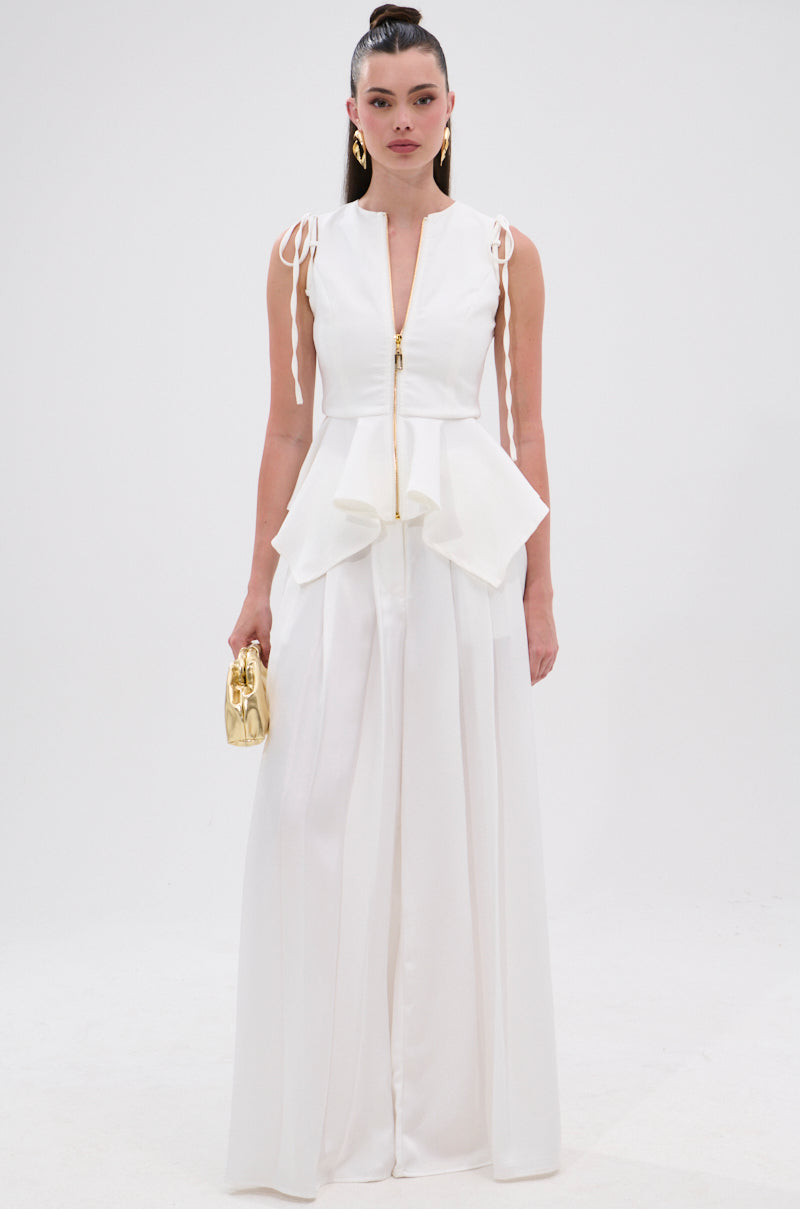 PEPLUM FRONT ZIP SLEEVELESS BLOUSE IN WHITE