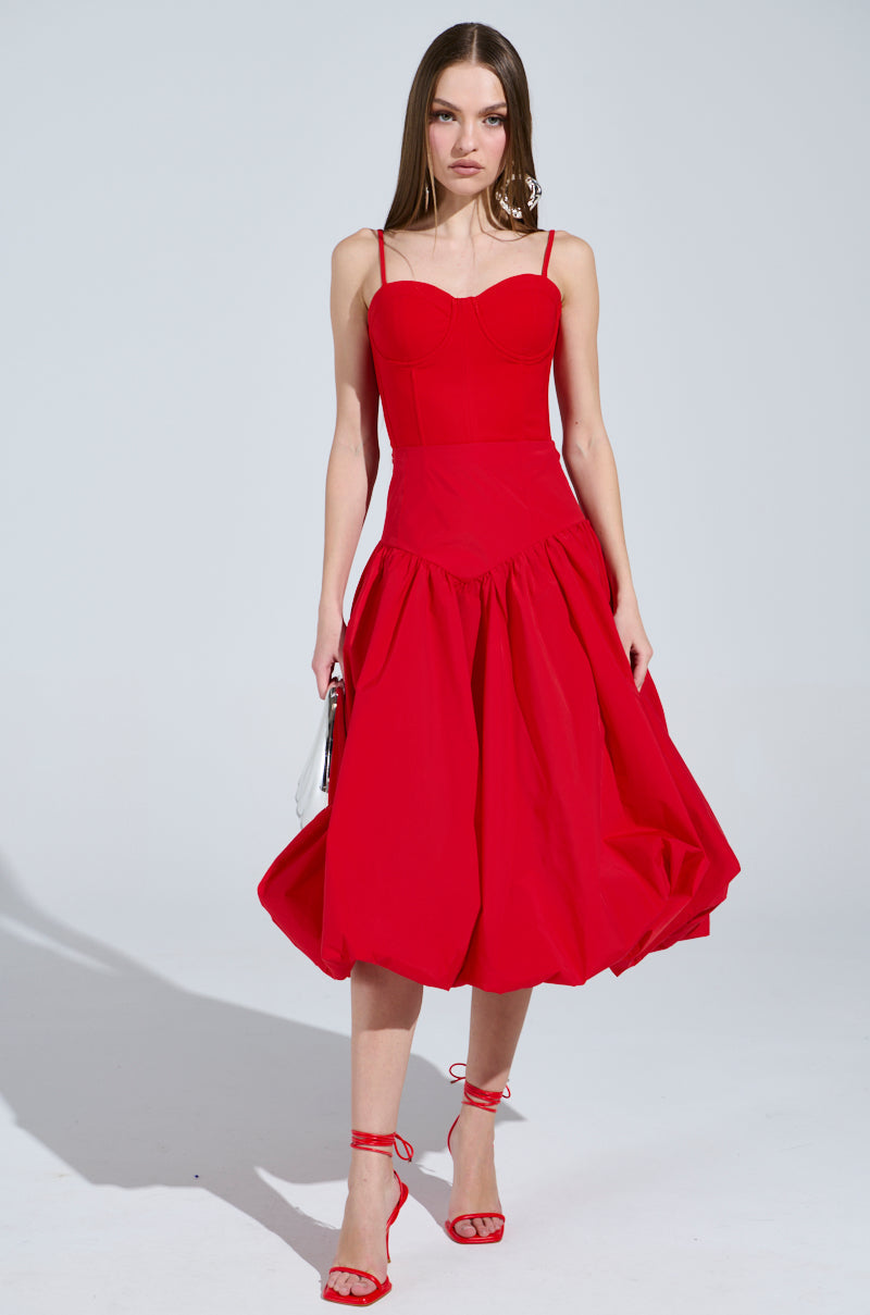 I FOUND YOU DROP WAIST MIDI SKIRT IN RED
