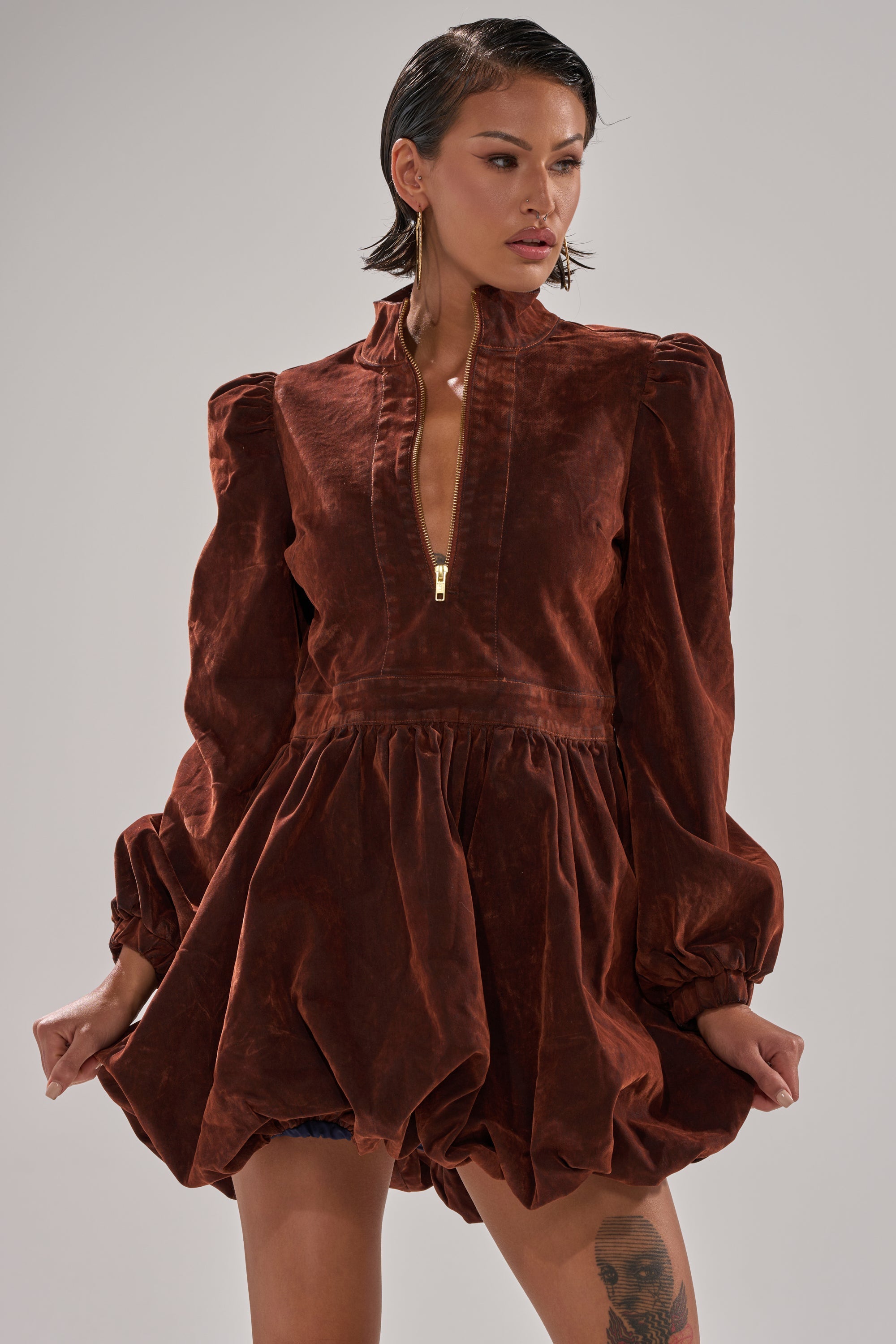 PASS THE BUBBLY MINI DRESS IN VELVET DENIM