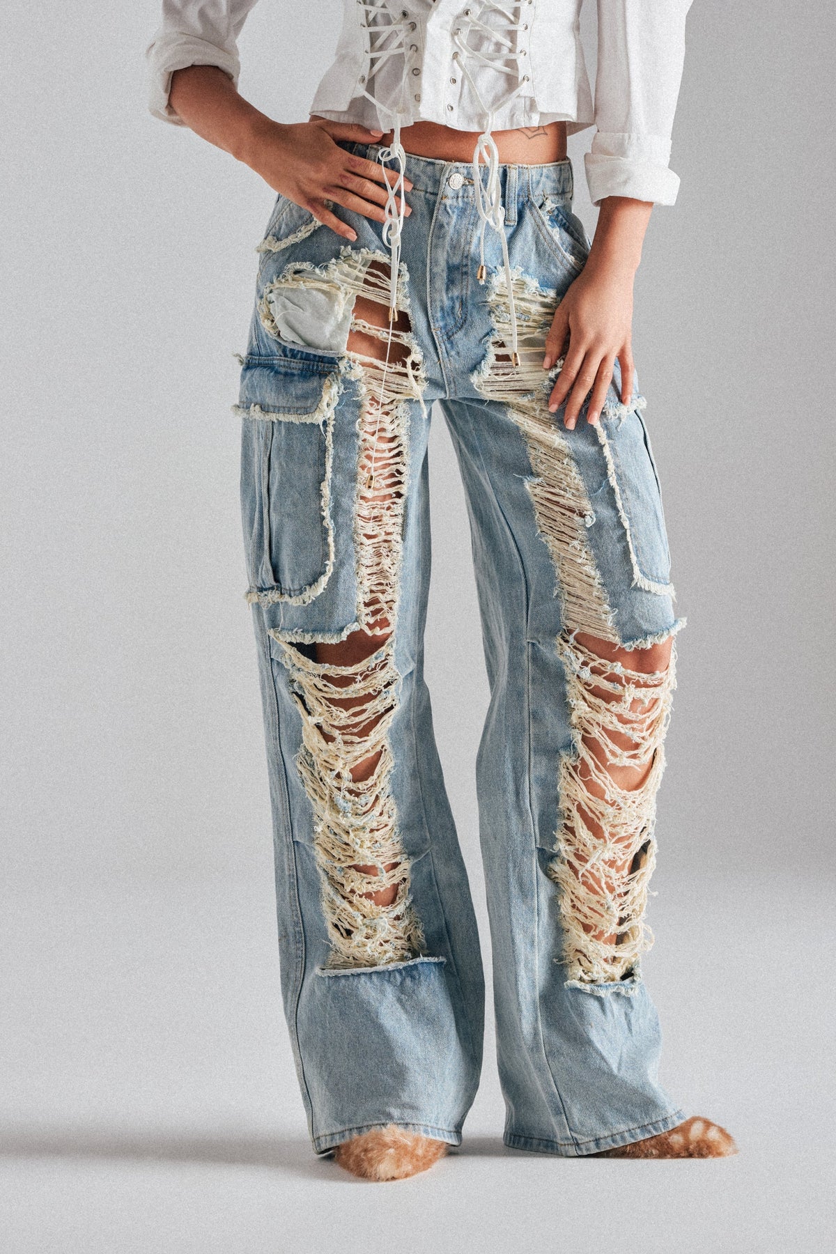 ALMA DISTRESSED DENIM CARGO PANTS
