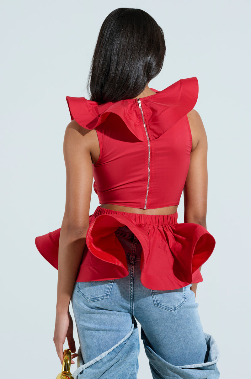 MISS FASHIONISTA SLEEVELESS RUFFLE PEPLUM BLOUSE IN RED