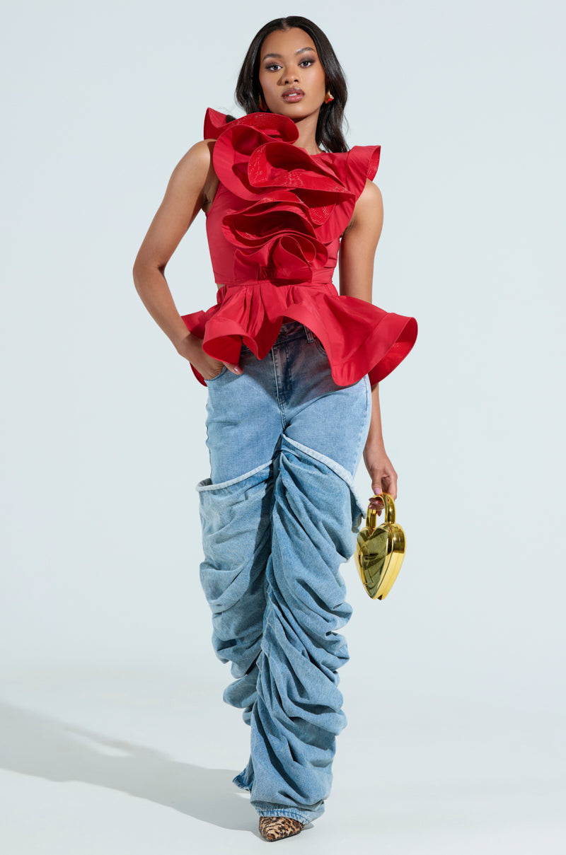 MISS FASHIONISTA SLEEVELESS RUFFLE PEPLUM BLOUSE IN RED