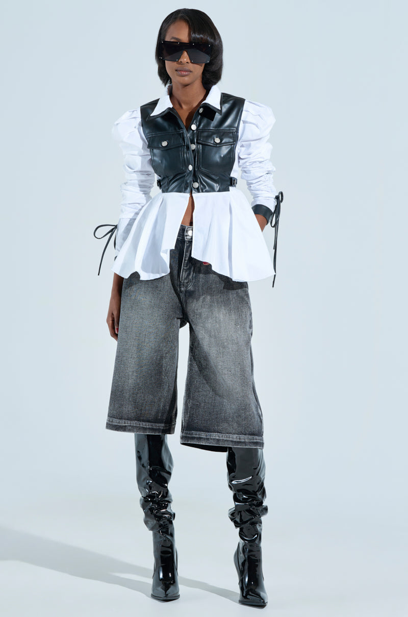 ALWAYS FABULOUS FAUX LEATHER DETAIL BUTTON DOWN BLOUSE