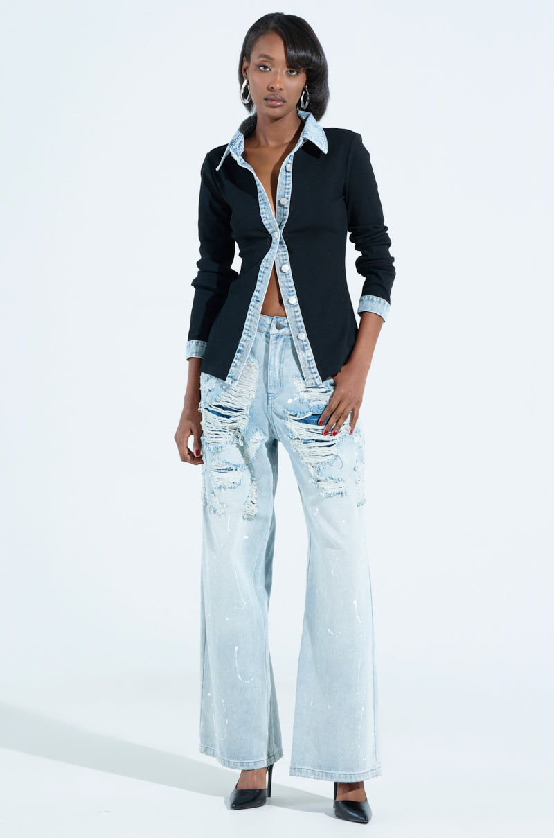 RIB KNIT DENIM TRIM BUTTON DOWN COLLARED SHIRT IN BLACK