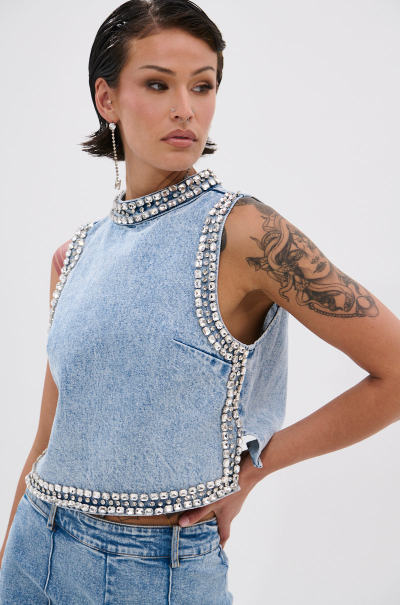 POPPING OUT RHINESTONE DENIM BLOUSE