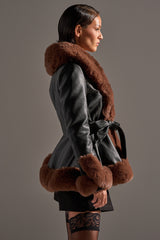 KENZY FUR TRIM PEPLUM MOTO IN BLACK BROWN