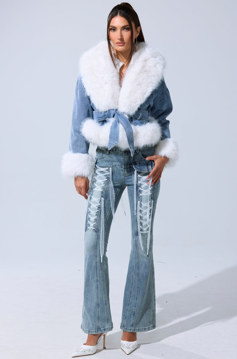 LAINEY FUR TRIM DENIM MOTO