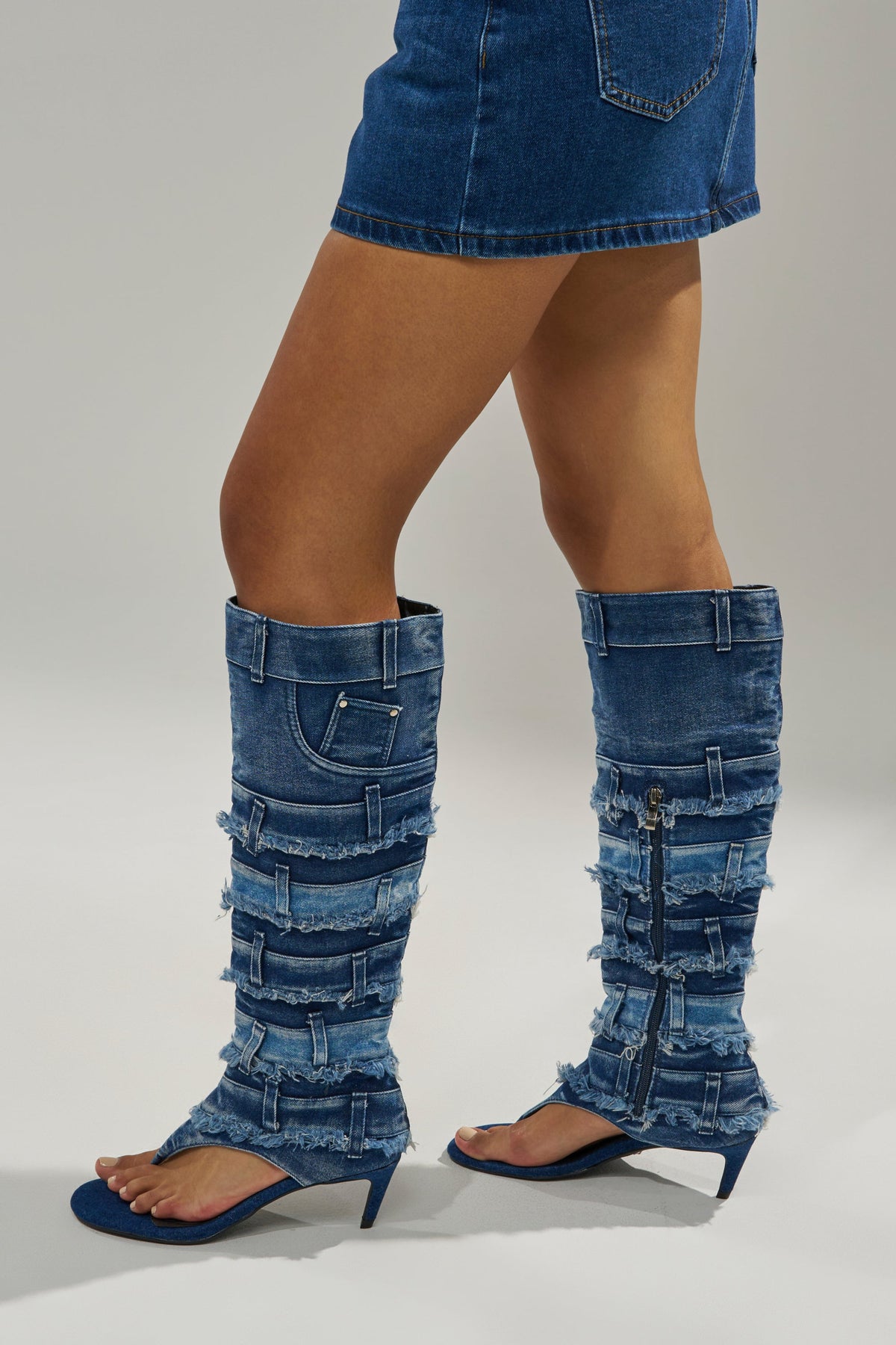 AKIRA GOLD MAHONEY DENIM PANT DETAIL GLADIATOR STILETTO