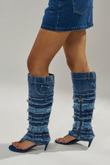 AKIRA GOLD MAHONEY DENIM PANT DETAIL GLADIATOR STILETTO