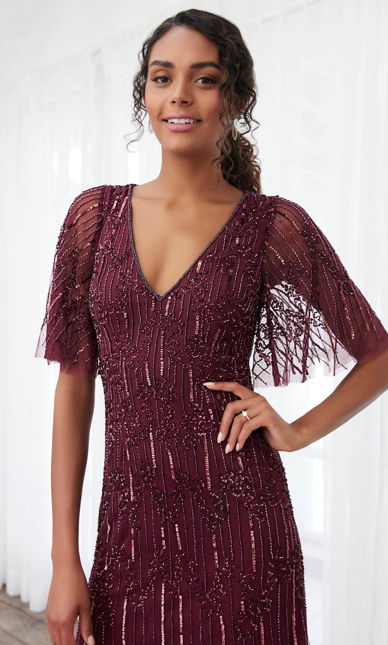Adrianna Papell Platinum 40395 - V-Neck Beaded Evening Dress