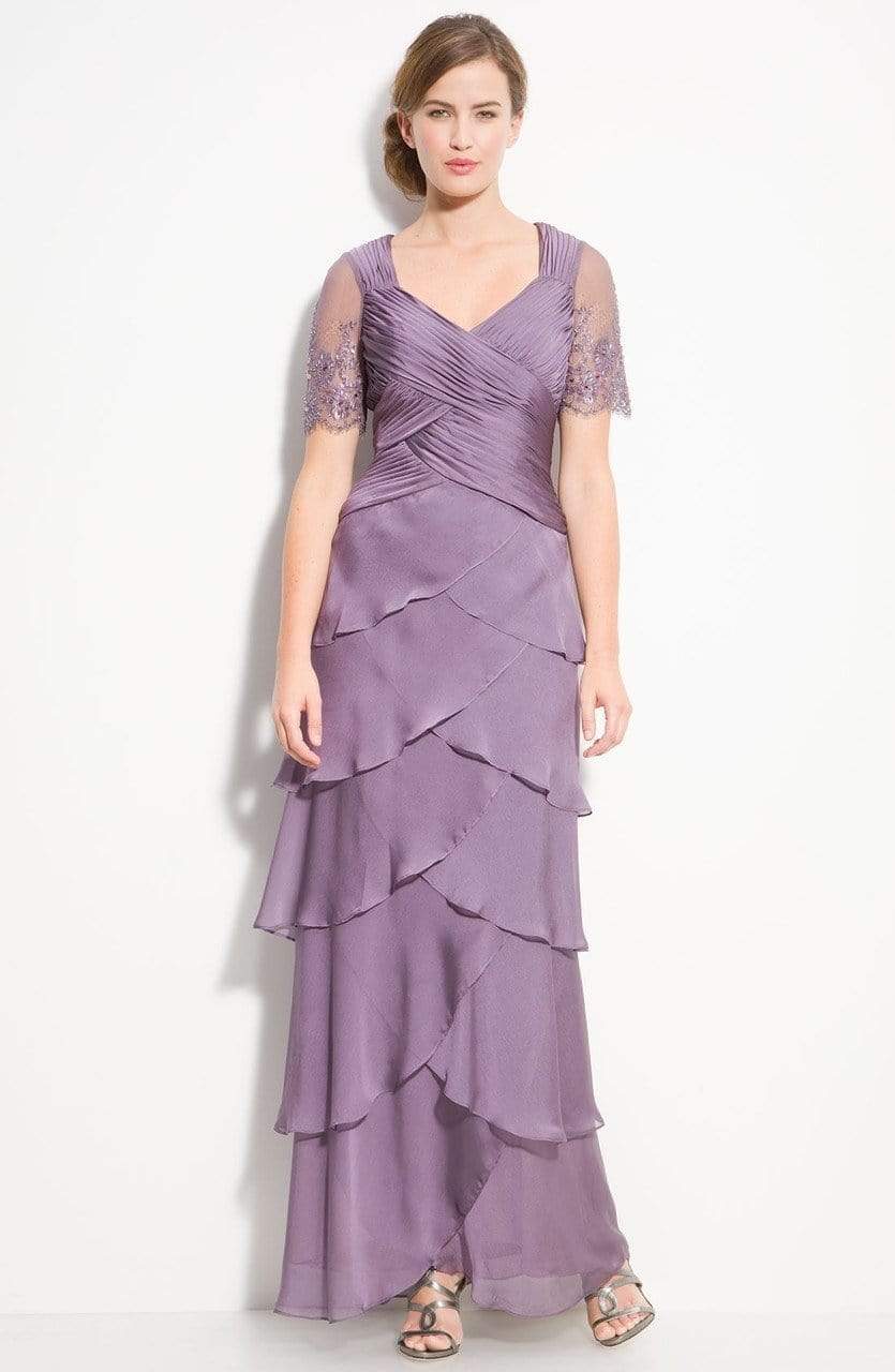 Adrianna Papell Sheer Beaded Short Sleeve Tiered Chiffon Gown 81865470