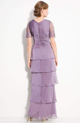 Adrianna Papell Sheer Beaded Short Sleeve Tiered Chiffon Gown 81865470