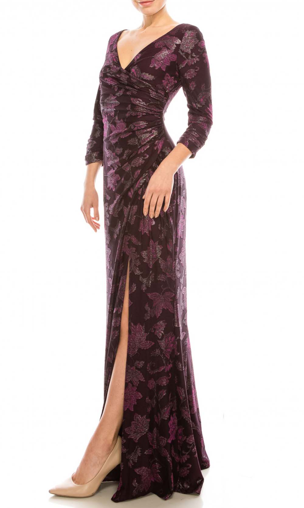 Adrianna Papell - AP1E206702SC Ruched V-Neck Long Sleeve Dress