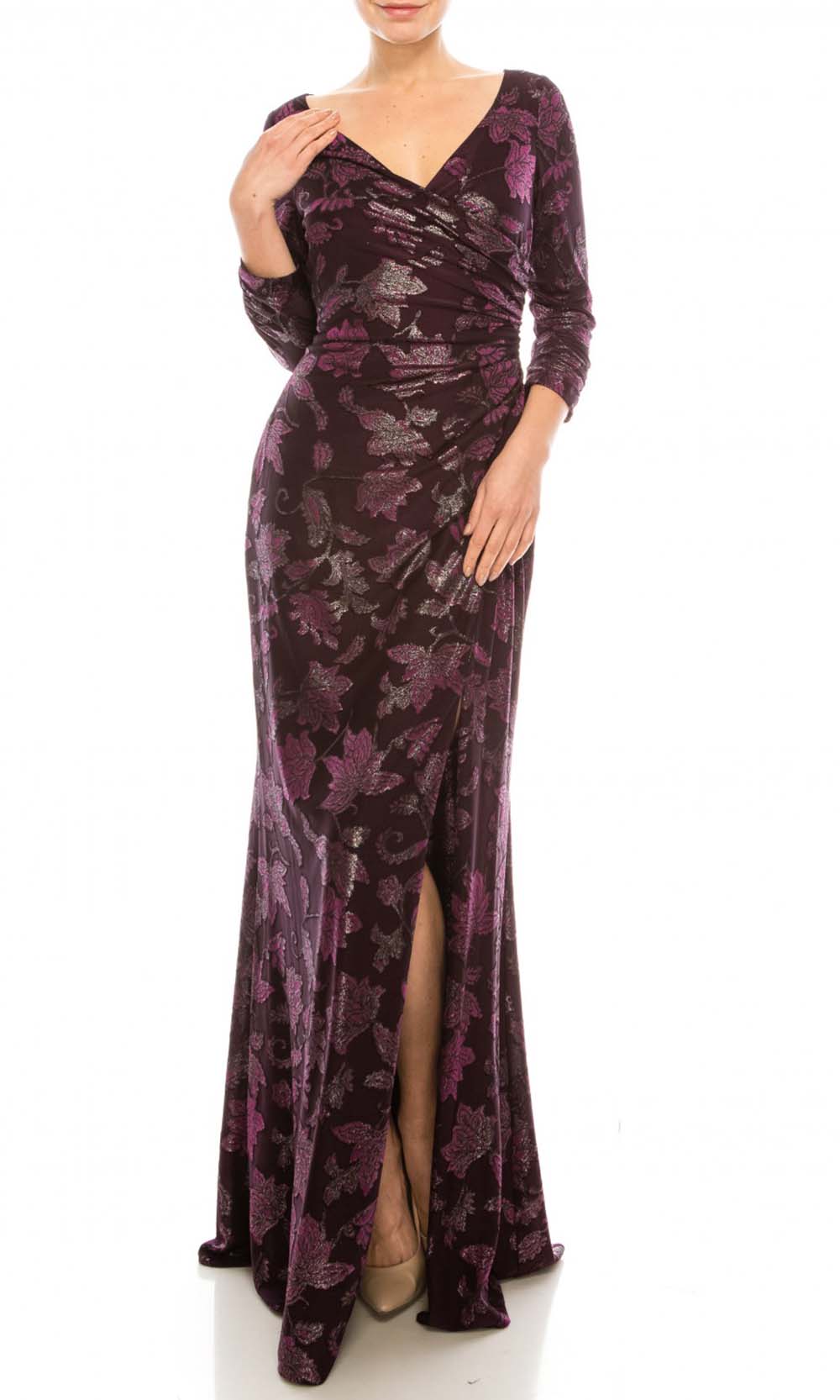 Adrianna Papell - AP1E206702SC Ruched V-Neck Long Sleeve Dress