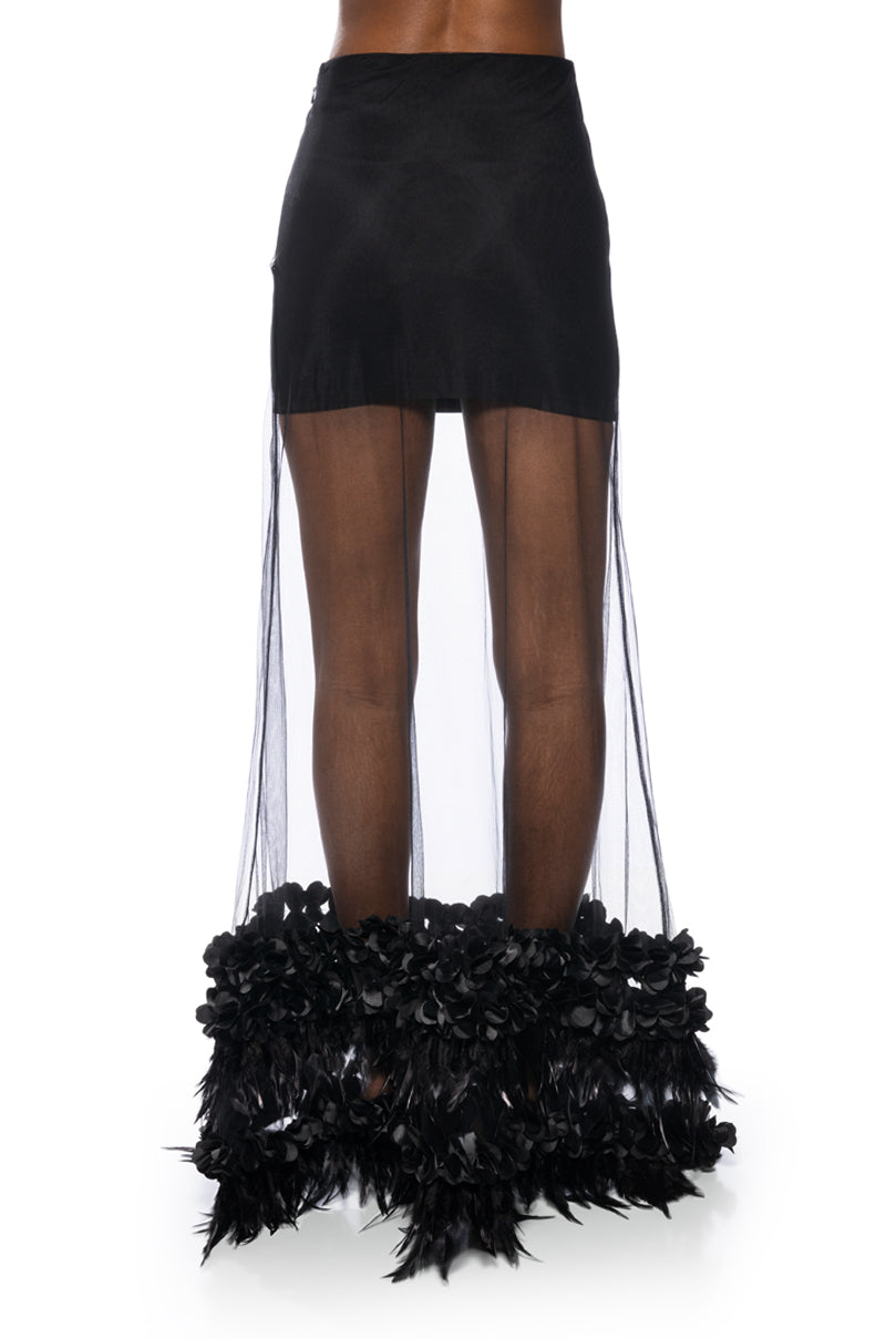 ALICE FEATHER DETAIL SHEER MAXI SKIRT IN BLACK