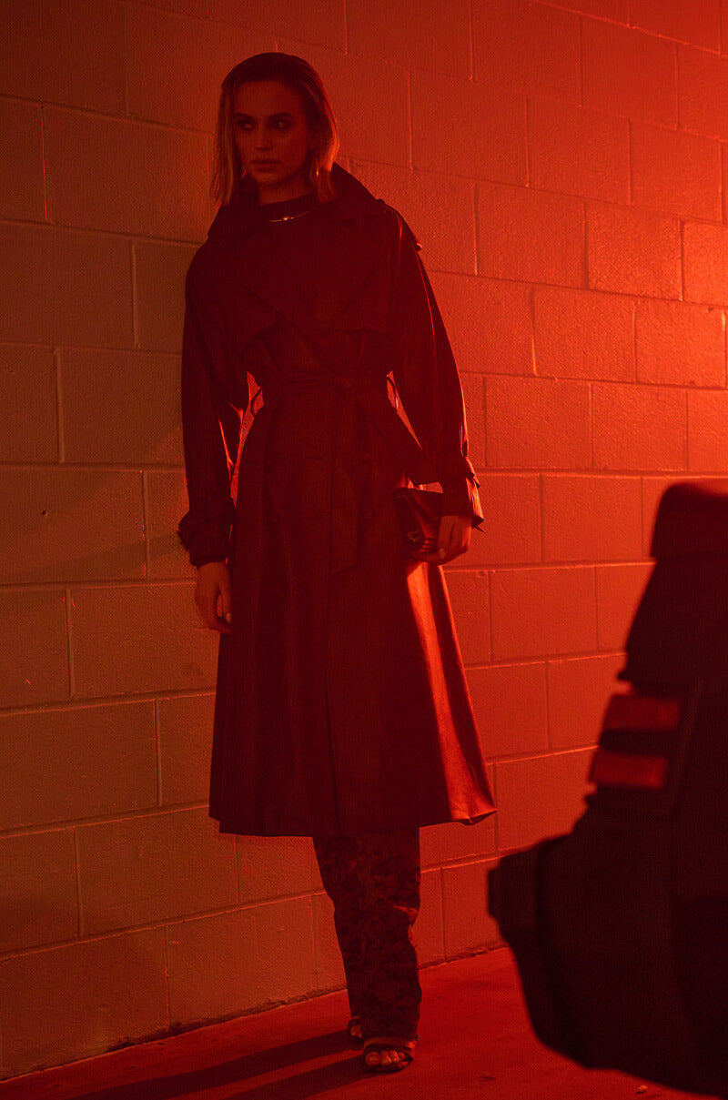 AU REVOIR FAUX LEATHER TRENCH IN BROWN