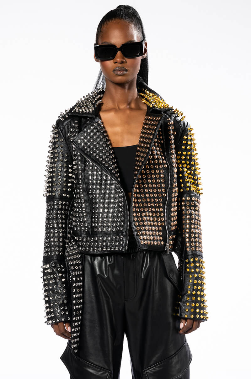 HALF AND HALF GRANDE STUDDED MOTO JACKET