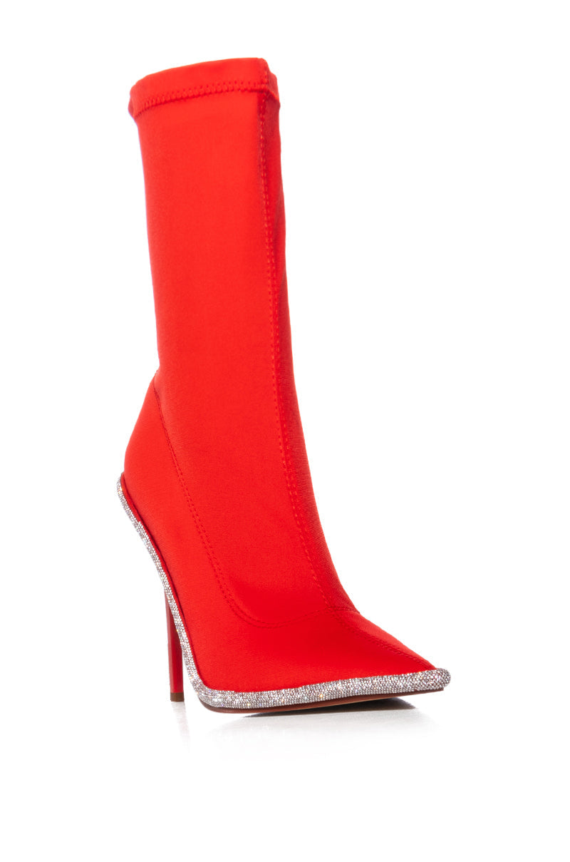 AZALEA WANG HOT TAMALE RED RHINESTONE TRIM BOOTIE