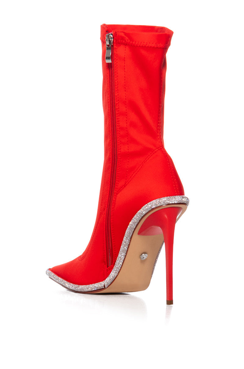 AZALEA WANG HOT TAMALE RED RHINESTONE TRIM BOOTIE