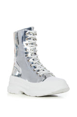 AZALEA WANG KHAZA SILVER MIRROR LACE UP COMBAT BOOTIE