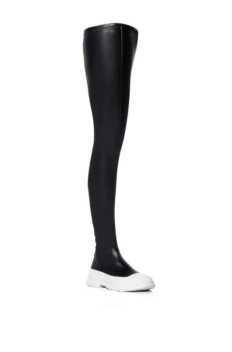 AZALEA WANG OH MY LOVE FAUX LEATHER THIGH HIGH FLATFORM SNEAKER BOOT WITH 4 WAY STRETCH IN BLACK