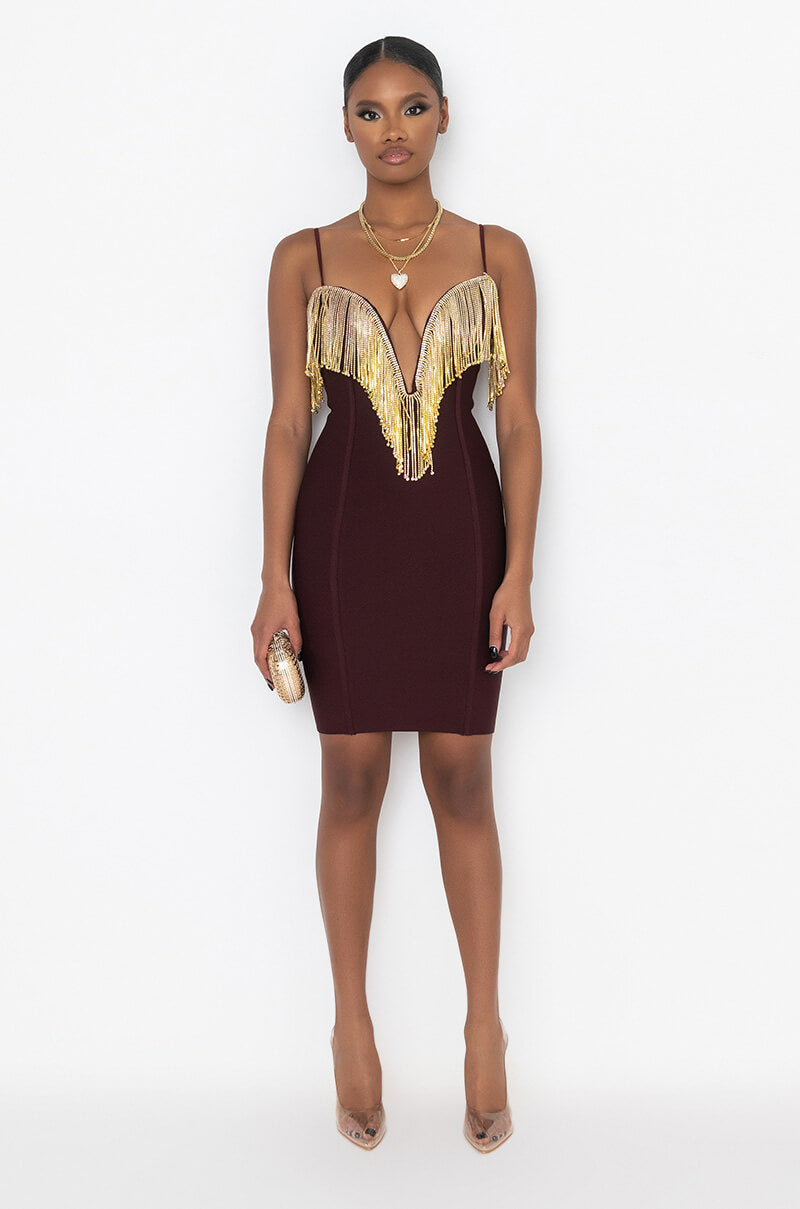 BIRTHDAY BISH BANDAGE FRINGE FRONT MINI DRESS