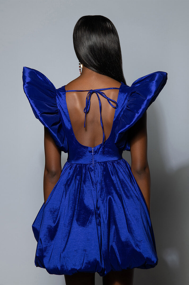 CLEMENTINE BUTTERFLY SLEEVE MINI PUFF DRESS IN DARK PURPLE