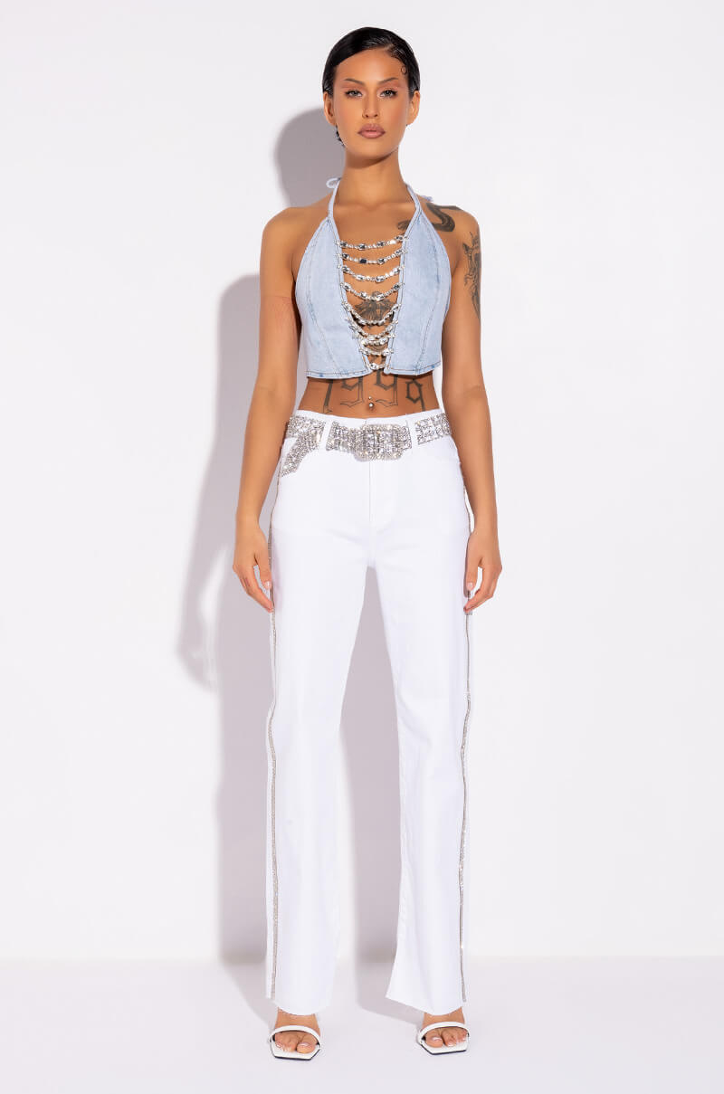 COVERED IN DIAMONDS DENIM PLUNGE CROP TOP