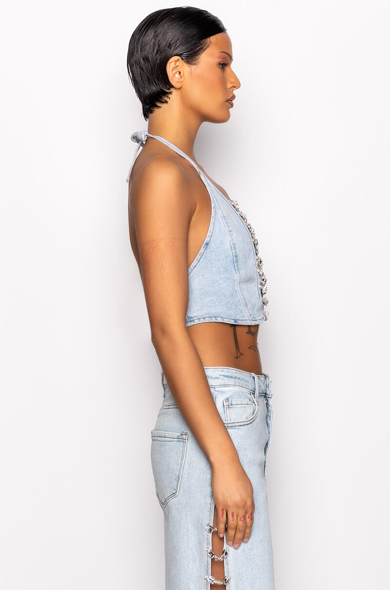 COVERED IN DIAMONDS DENIM PLUNGE CROP TOP