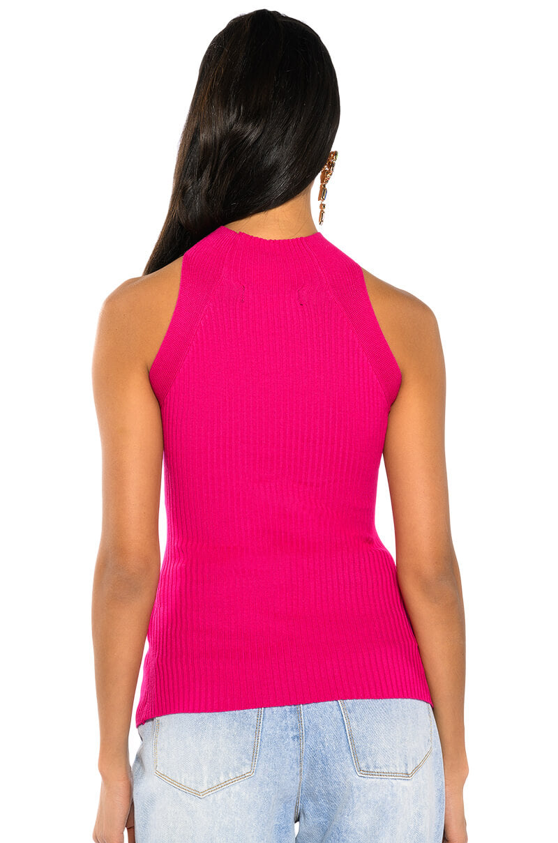 DYNAMITE MOCK NECK TWIST DETAIL SLEEVELESS KNIT TOP