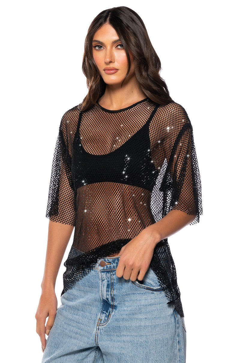 GOT PLANS TONIGHT RHINESTONE MESH T-SHIRT