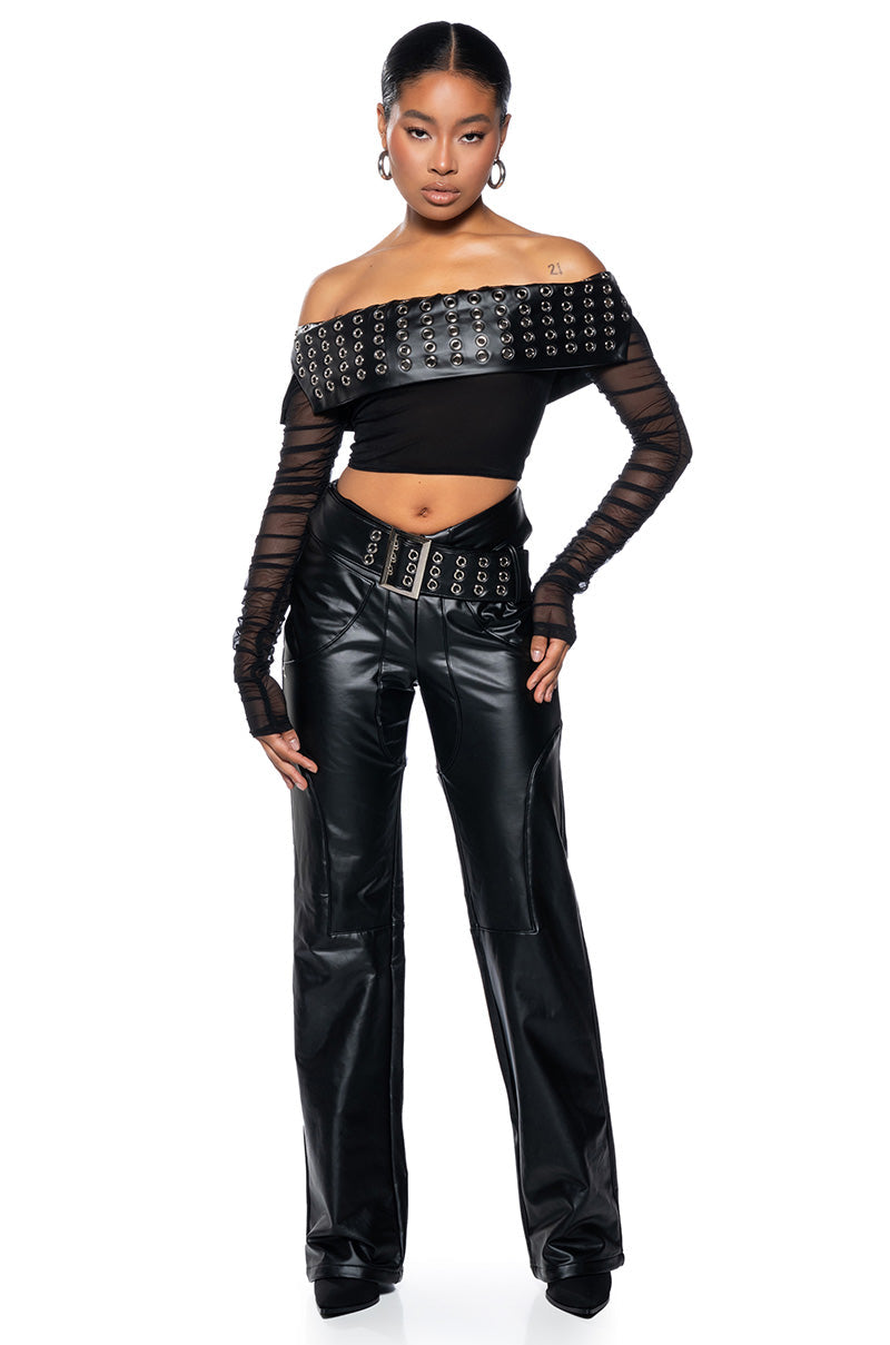 INVEST IN ME FAUX LEATHER OFF THE SHOULDER MESH TOP