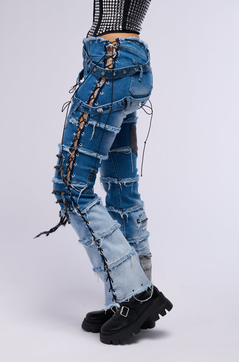 LAY LOW DISTRESSED DENIM FLARE PANT