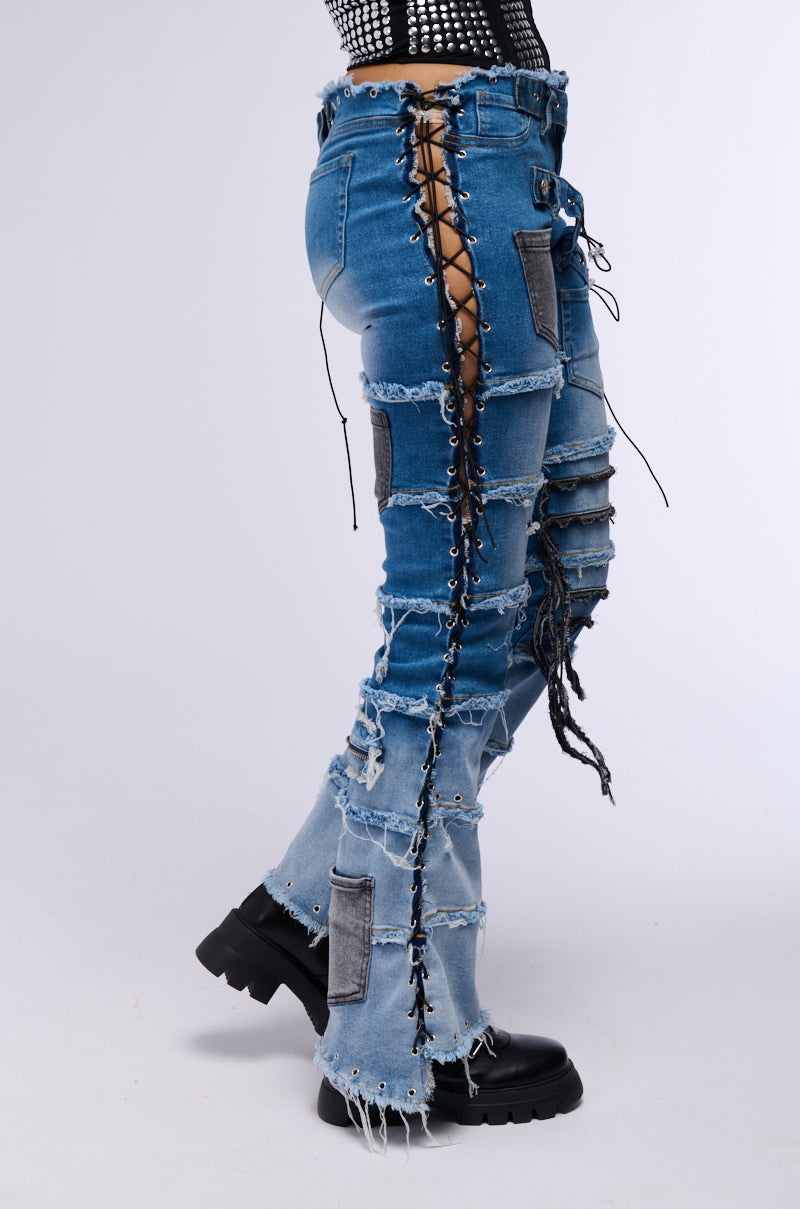 LAY LOW DISTRESSED DENIM FLARE PANT