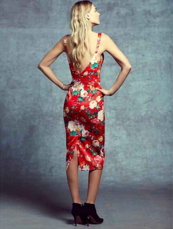 Again Collection - Knee Length Bustier Bodice Floral Print Dress