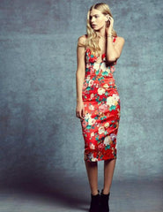 Again Collection - Knee Length Bustier Bodice Floral Print Dress