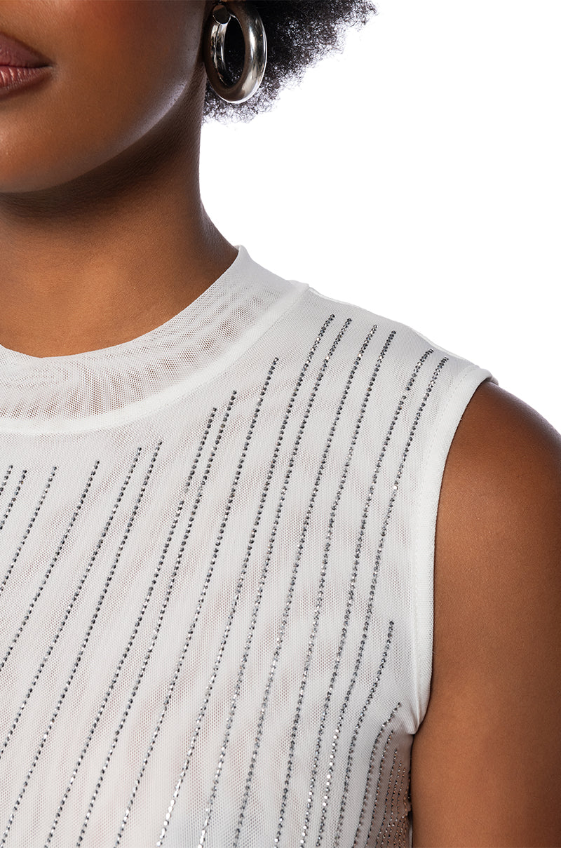 DIAMOND MESH MOCK NECK SLEEVELESS BODYSUIT