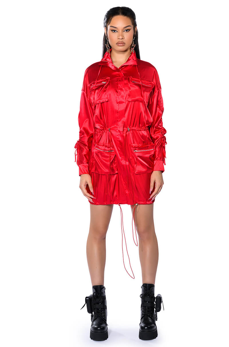 ON THE ROAD SATIN UTILITY MINI DRESS