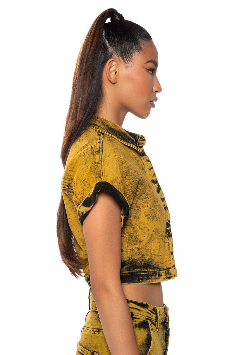 NOT IN THE MOOD CROPPED DENIM SHIRT